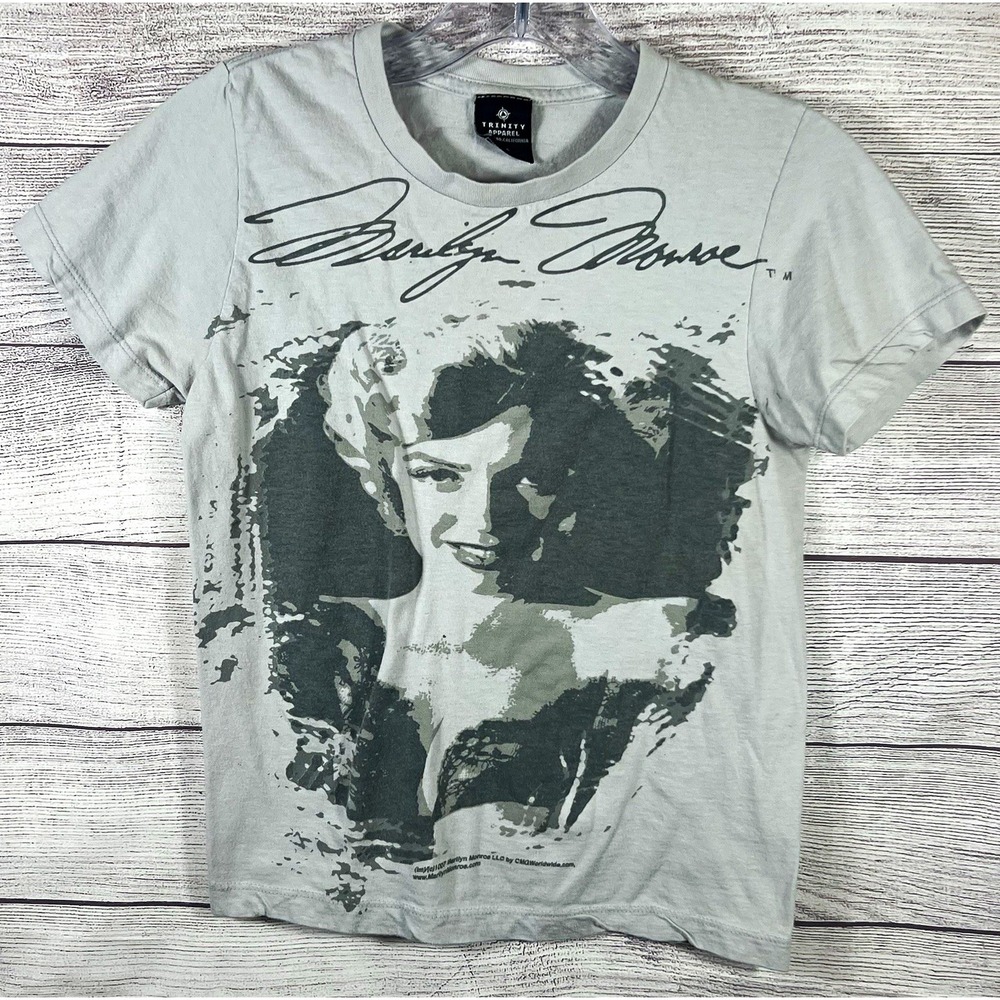 Y2K Marilyn Monroe Signature Graphic Portrait T-Shirt Grey Size S 2007